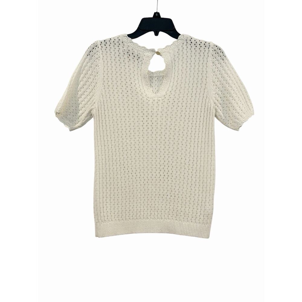 Ann Taylor Loft Open Knit White Short Sleeve Sweater Top: SZ Small Modest - Picture 2 of 9
